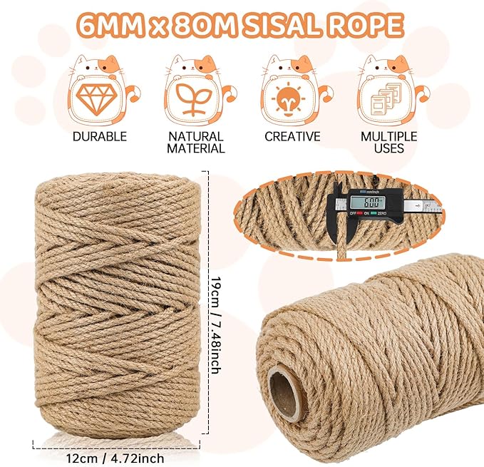 262 ft Sisal Rope for Cat Scratcher, 6mm Thick Rope for Cat Scratch Post, Twine for Cat Scratching Post Replacements, DIY Hemp Twine Rope with 4 Random Colors Mouse Ornaments