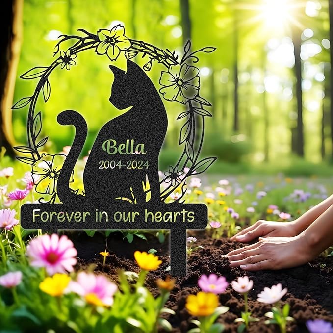 Personalized Pet Graves Marker Cat, Metal Memorial Plaques for Outdoor Graveyard Garden Yard, Custom Waterproof Pet Headstone with Name & Date, Cat Memorial Gifts for Loss of Cat Color01