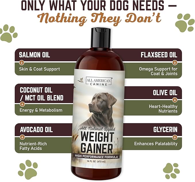 All American Canine Dog Weight Gainer Liquid – High Calorie Dog Food Supplement for Rapid Weight Gain, Mass, and Recovery – Appetite Stimulant – 60 Servings