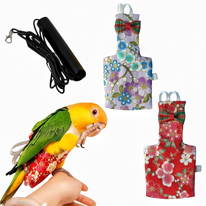 2Pcs Bird Diapers Bird Harness Flight Suits with 80in Flying Leash Reusable Parrot Nappy with Waterproof Inner Layer Urine Wet Suite for Cockatiel Budgie Conure Parakeet Lovebird-Red&Purple