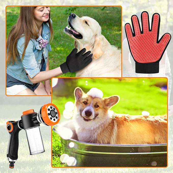 Upgrade Dog Washing Hose Attachment with Replacement Soap Bottle, 8 Spray Patterns Dog Wash Hose Attachment with Dog Washing Gloves, Suitable for Watering Plant, Patio, Cleaning, Showering Pet