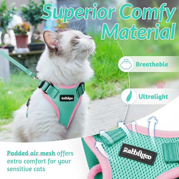 rabbitgoo Cat Harness and Leash for Walking, Escape Proof Soft Adjustable Vest Harnesses for Cats, Easy Control Breathable Reflective Strips Jacket, Green&Pink, S