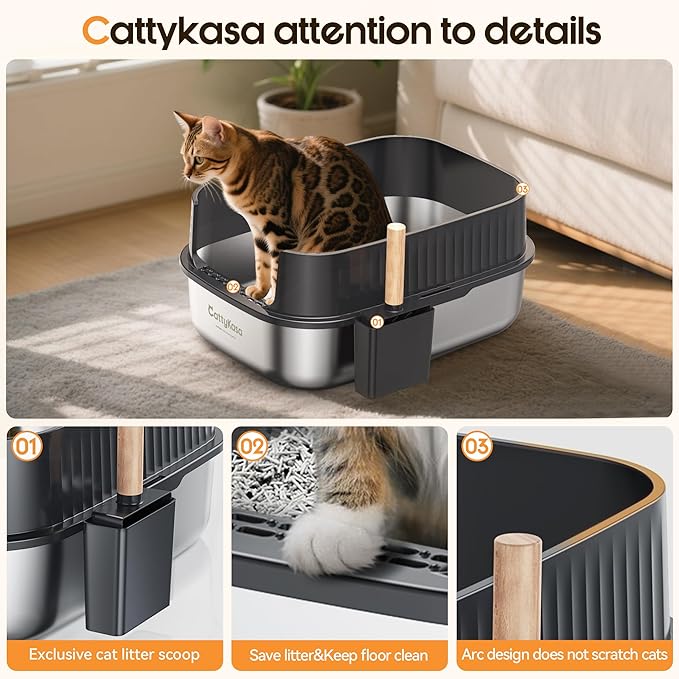 Stainless Steel Litter Box XL Extra Large Enclosed Cat Litter Boxes with Lid for Big Cats Metal Litter Pan High Sided Splash Proof, Anti-Urine Leakage, Easy Clean, Non-Stick, Includes Scoop (Grey)