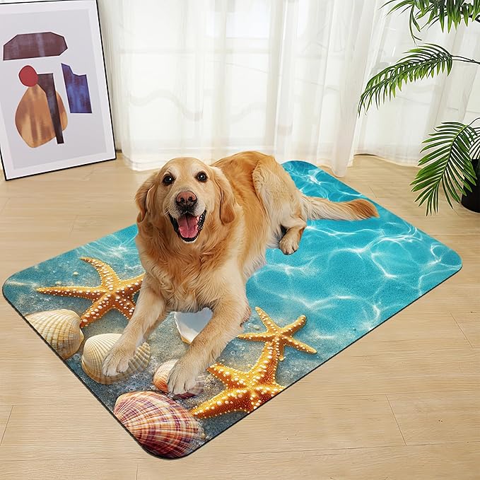 Starfish Seashell on Beach Pet Feeding Mat for Floors–Christmas Stocking Absorbent Quick Dry Dog Cat Bowl Mat for Food and Water, Non Slip Waterproof Base, Mess-Free Feeding Accessories 12"x20"