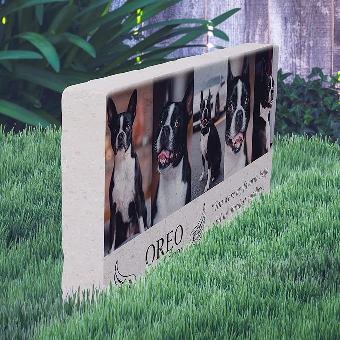 Custom Dog Memorial Stone, Personalized Pet Headstones for Dogs, Outdoor Pet Grave Markers with Photo Print and Text, Loss of Pet Sympathy Gift, 12”x6”x1.25" Pet Grave Stone (B. Oreo Design)