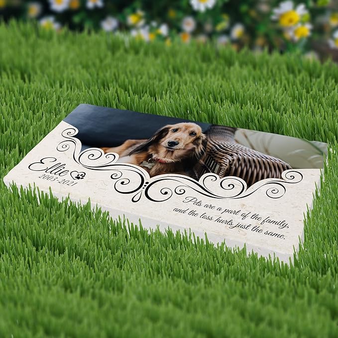 Custom Dog Memorial Stone, Personalized Pet Headstones for Dogs, Outdoor Pet Grave Markers with Photo Print and Text, Loss of Pet Sympathy Gift, 12”x6”x1.25" Pet Grave Stone (D. Ellie Design)