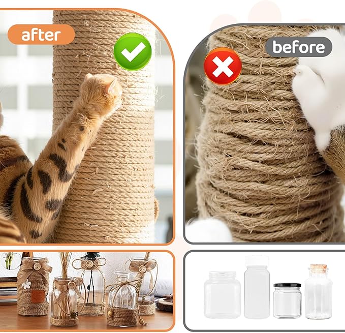 262 ft Sisal Rope for Cat Scratcher Kits, 6mm Thick Rope for Cat Scratch Post, DIY Hemp Twine with Hot Glue Gun and 30 Glue Sticks
