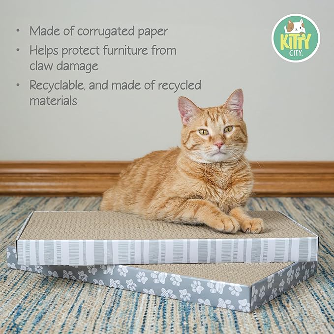 Kitty City Cat Scratcher– 2-Pack Durable Corrugated Cardboard Scratch Pads with Catnip – Double-Sided for Longer Use, Cat Claw Maintenance & Furniture Protection - Size: 10" x 18" - Grey & White