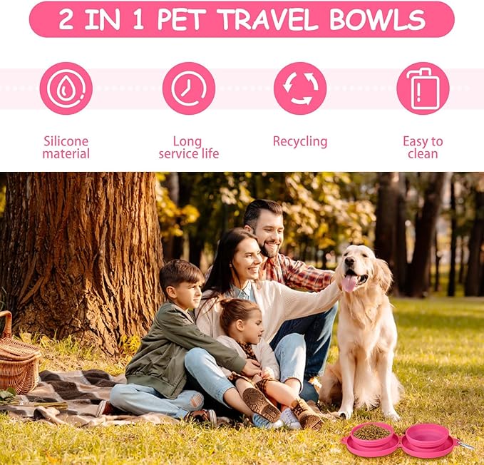 Collapsible Dog Water Bowl 2 in 1 Foldable Pet Food and Water Bowl Portable Cats Dishes with Carabiner Clip for Traveling Hiking Camping Walking (Pink)