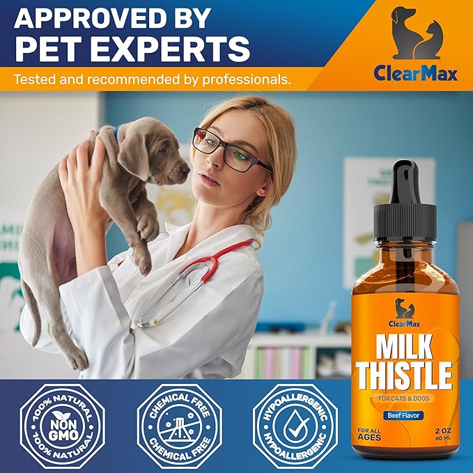 Milk Thistle for Dogs & Puppies – Liquid Supplement for Liver & Kidney Support – Milk Thistle for Cats & Kittens – Effective Digestion Care with Natural Beef Flavor & No Additives – 2 Oz Bottle