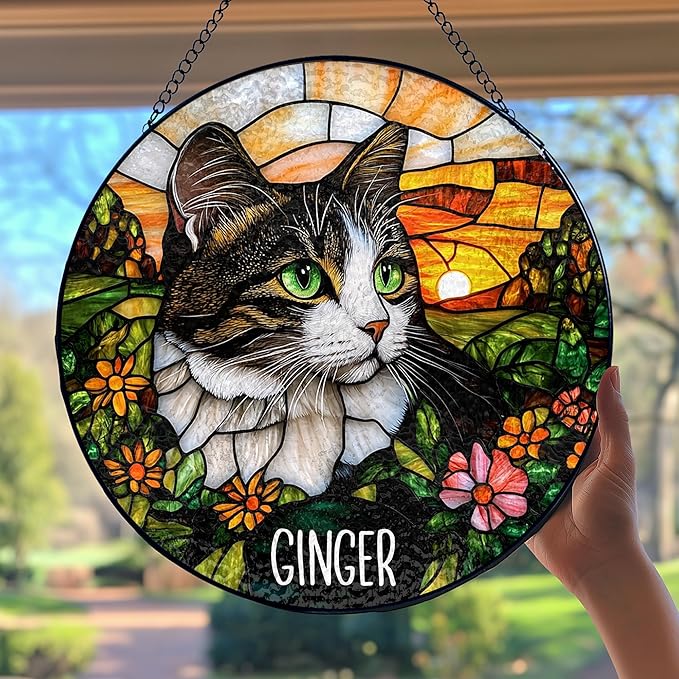 Custom Cat Portrait Art Suncatcher Stained Glass Remembrance Gift Dog Indoor Decor Window Hanging Dog Cat Bereavement Keepsake Loss of Pet Sympathy with Name Date Portrait Gifts