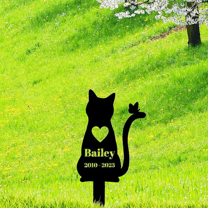 Personalized Butterfly Cat Memorial Grave Marker, Custom Memorial Cat Garden Stake Metal Pet Grave Marker, Customized Heart Cat Grave Marker Memorial Plaque Garden Cemetery Decoration