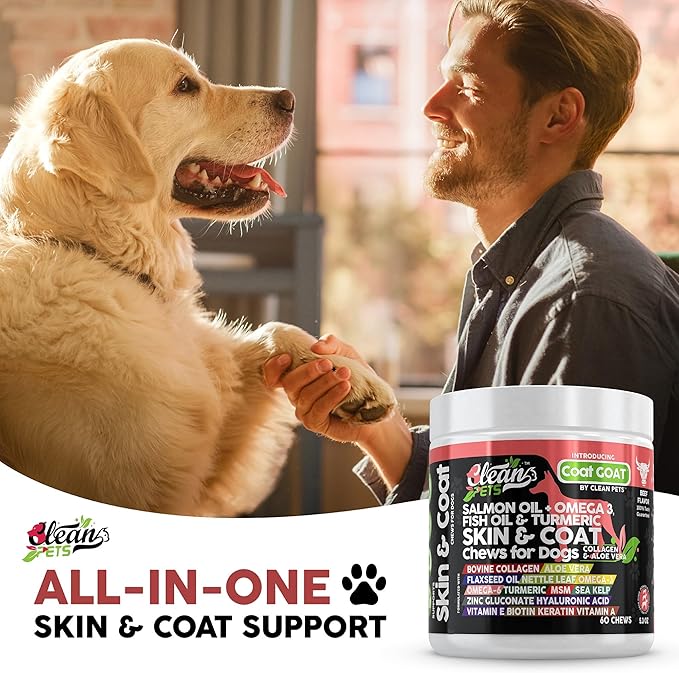 Clean Pets Salmon Oil Omega 3 Fish Oil for Dogs Skin and Coat Supplement | Dog Collagen Aloe Vera Biotin Keratin Flaxseed Nettle Leaf Sea Kelp Hyaluronic Acid Brewers Yeast Vitamin A - Coat Goat