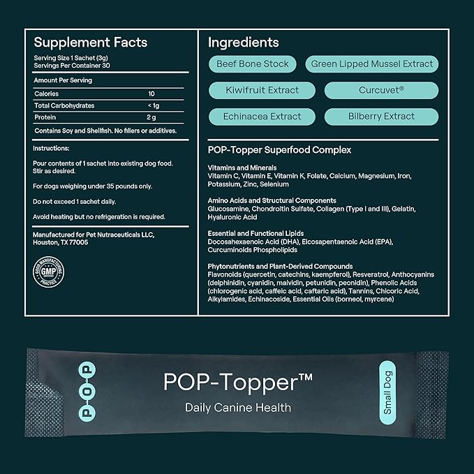 POP-Topper Dog Food Meal Toppers – Multivitamin Powder for Dogs Under 35 lbs - Delicious Bone Broth Base with 6 Human-Grade Superfoods - Supports Joints, Gut, Skin & Coat - 30 Packets