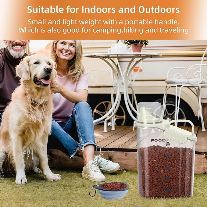 3-5LBS Airtight Pet Food Storage Container PBA-free,With Large Nozzle/Measuring Cup/ 4 Press Buckle for Dogs, Cats, Birds, Chicken Lndoor and Outdoor Use (Black + Beige) 2 Pack