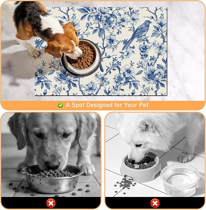 Dog Cat Food Mat - Absorbent Quick Dry Dog Bowl Mats for Food and Water, Anti Slip Cat Feeding Placemat for Floors, Diatomite Pet Dish Matts Accessories Supplies, Floral Bird Style, 16*24in