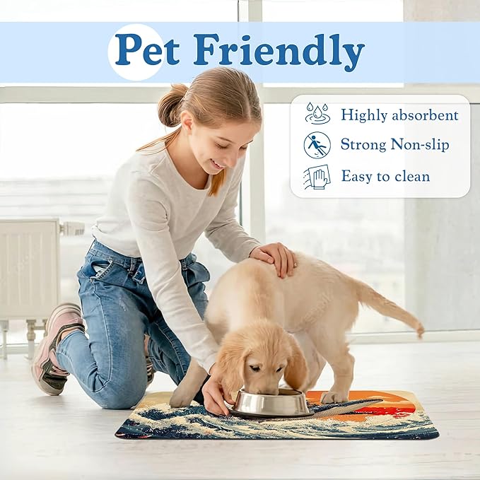 Wave Cat Dog Food Mat,Christmas Stocking Ukiyo-e Whale Absorbent Quick Dry Feeding Placemat for Food and Water Bowls, Non Slip Rubber Backing, Waterproof Pet Supplies for Mess-Free Eating 12"x20"