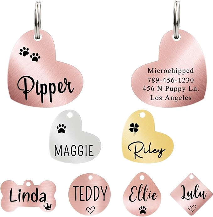 Ultra Joys Custom, Personalized Pet ID Tag, for Dogs, Brushed Stainless Steel Heart Dog Tag Rose Gold Medium