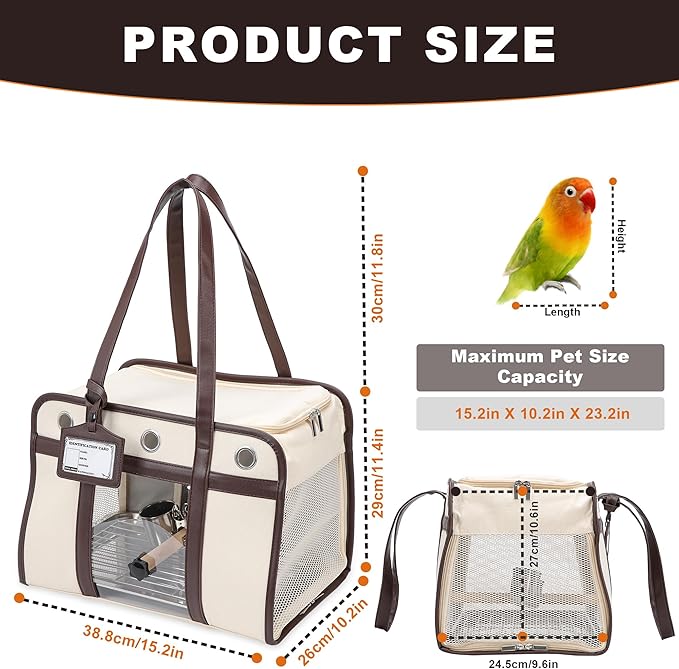 Sanmoncare Stylish Bird Carrier with PU Leather Handle, Portable Travel Cage for Cockatiels & Conures, Lightweight Parrot Bag with Stainless Steel Tray, Vet Visit, White