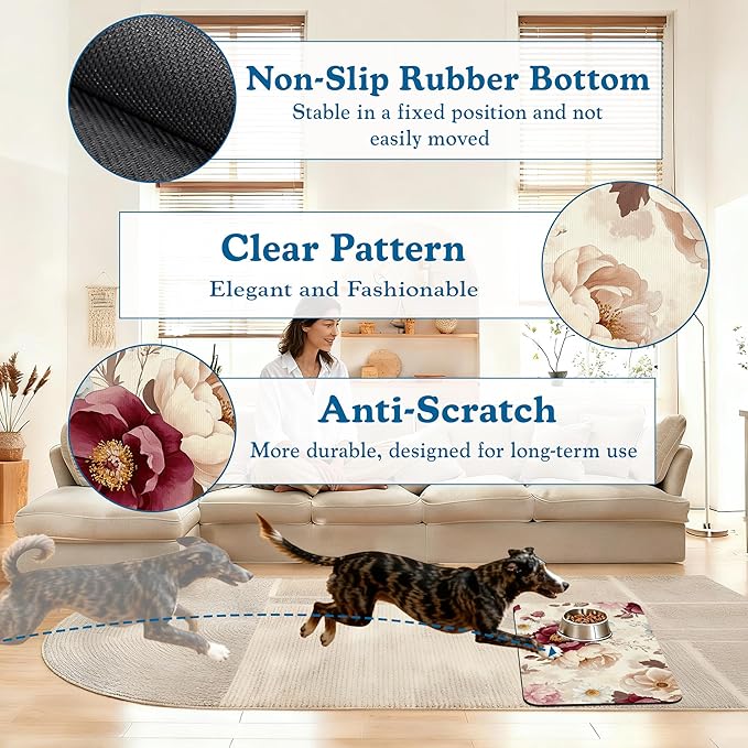 Vintage Floral Rose Pet Feeding Mat–Christmas Stocking Quick Dry Absorbent Dog Cat Food Mat, Non Slip Waterproof Bowl Placemat for Messy Eaters, Pet Accessories for Floors 16"x24"