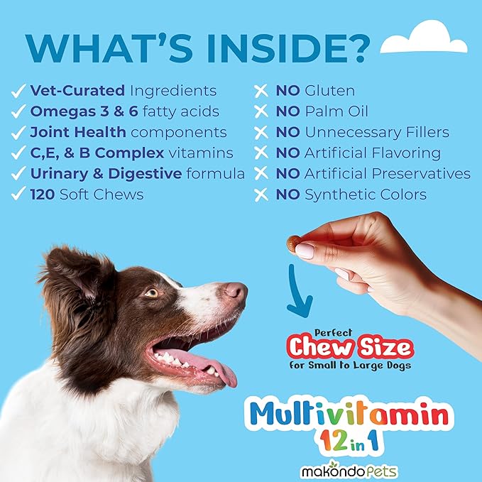 Multivitamin for Dogs 12 in 1 Soft Chews (120) – Dog multivitamin with probiotics + Digestive enzymes, Skin & Coat Support, Immune Defense & Gut Health, Cranberry Urinary Support