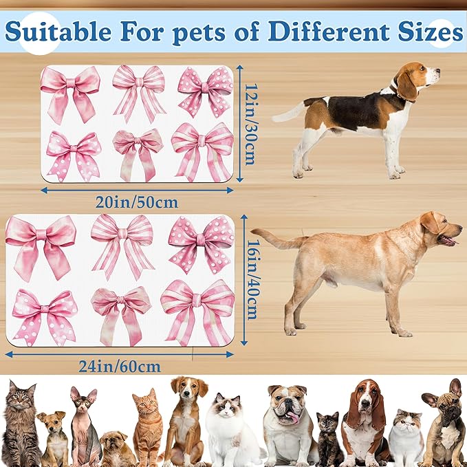 Pink Bows Dog Cat Food Mat–Christmas Stocking Absorbent Waterproof Placemat for Food and Water Bowls, Non Slip Rubber Backing, Feeding Mat for Clean Floors 16"x24"