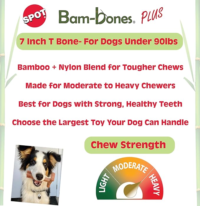 SPOT Bam-Bones Plus T-Bone, Bamboo Fiber & Nylon Dog Chew, Durable for Aggressive Chewers, Non-Splintering, for Adult Dogs & Teething Puppies Under 90lbs, 7in, Chicken Flavor