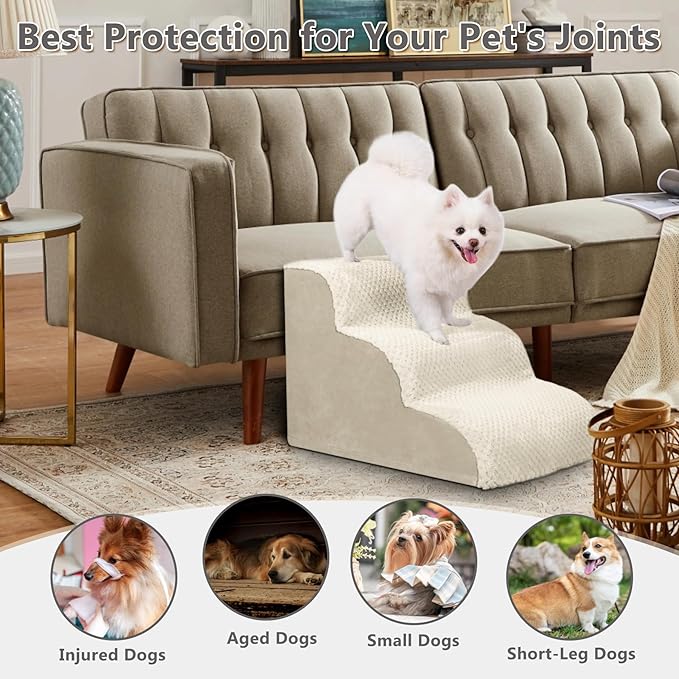 MIHIKK Dog Stairs Ramp, Curved 3-Step Dog Steps for Small Dogs and Cats, Pet Stairs for High Beds and Couch with Anti-Slip Washable Cover and Durable High Density Foam, Beige
