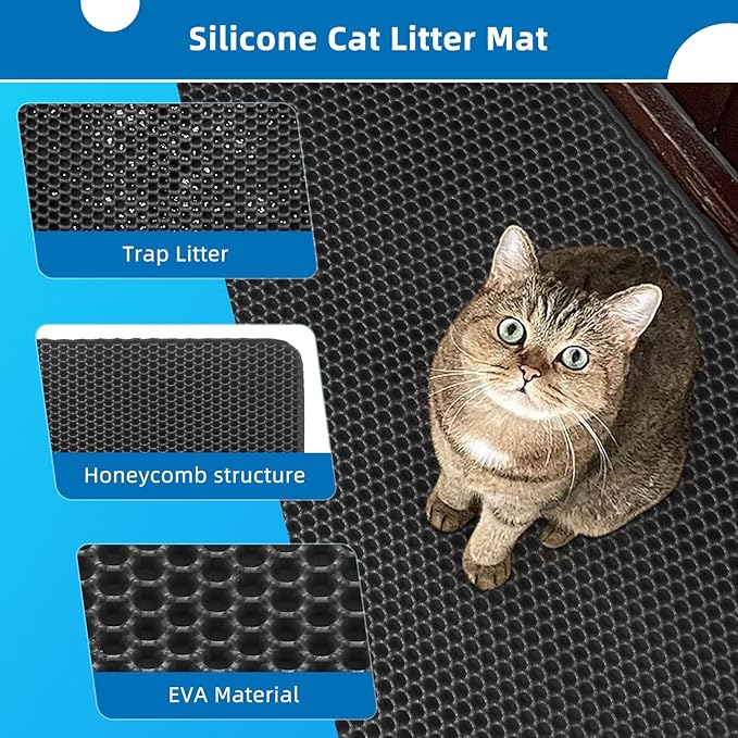 Cat Litter Mat for Indoor Cats EVA Double-Layer Litter Box Mat Washable for Easy Cleaning Cat Rug Collects Litter and Prevents Liquid Leakage (Gray, 23.6×30inch)