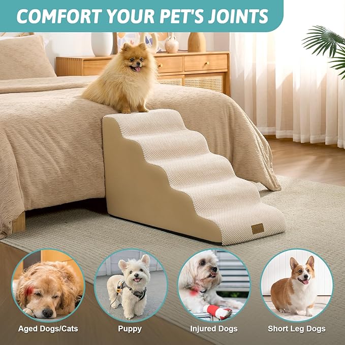 Dog Stairs for Small Dogs 19.7"H, 5-Step Sturdy Foam Dog Steps for Couch, Bed or Sofa, Curved Pet Stairs for Puppy and Older Cat, Doggie Ladder with Washable Cover, 15.7x33x19.7 inch, Beige