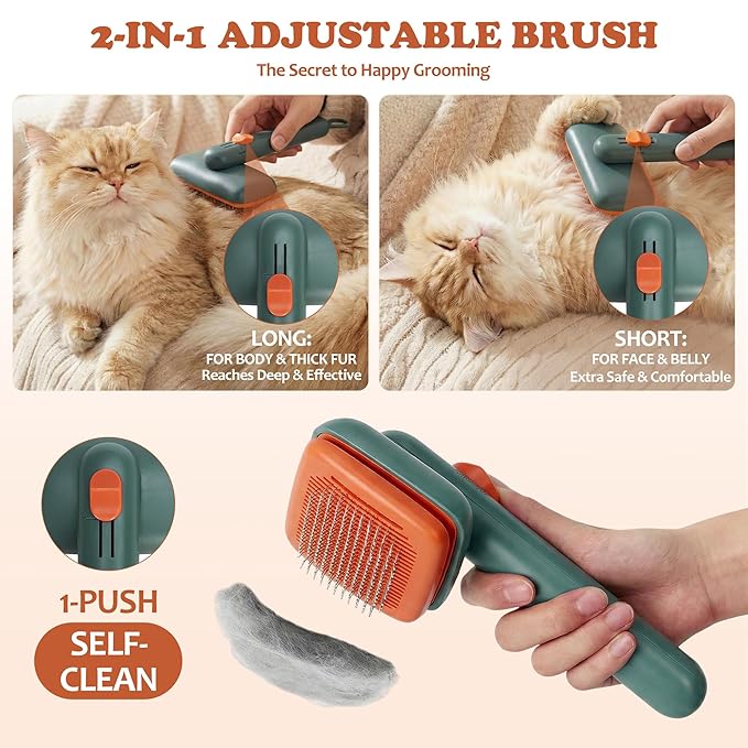 Self Cleaning Slicker Brush - Skin Friendly Pet Shedding Brush for Cats, Puppies, Long & Short Hair, Painless Deshedding & Massaging Tool(Green)