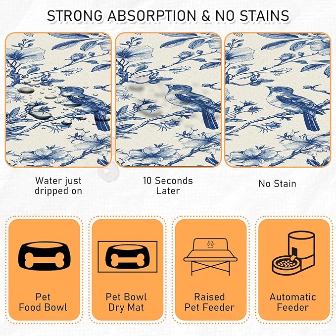 Dog Cat Food Mat - Absorbent Quick Dry Dog Bowl Mats for Food and Water, Anti Slip Cat Feeding Placemat for Floors, Diatomite Pet Dish Matts Accessories Supplies, Floral Bird Style, 16*24in