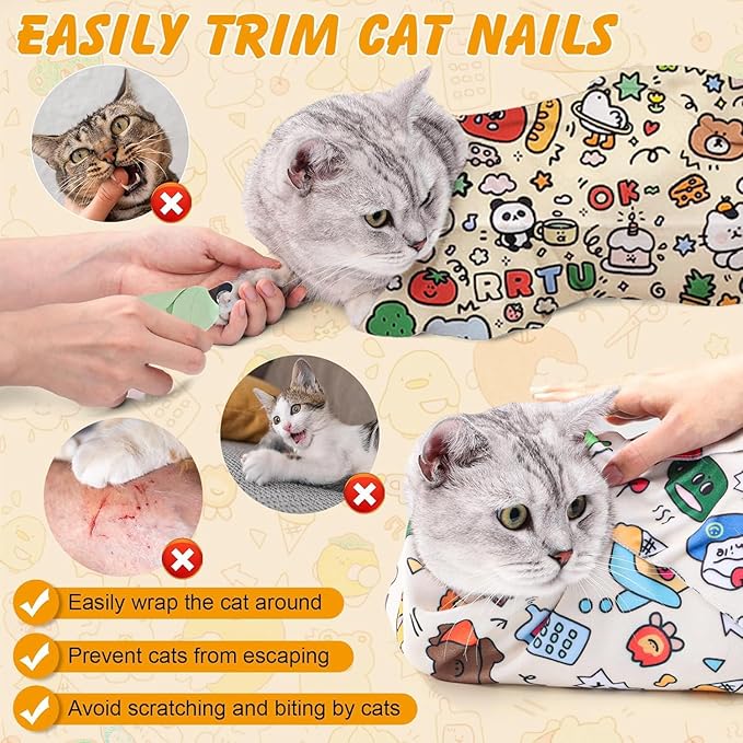 Cat Grooming Wrap, 27inch Self-Adherent Soft Cat Blanket to Wrap, Fabric Burrito Wrap for Nail Clipping, Anti-Scratch, Anti-Escape,Multifunctional Swaddle Wrap Pet Tool (Cute Prints)