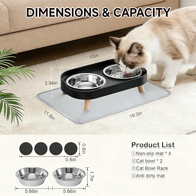 Elevated Cat Bowls with Food Mat, Splash Proof Anti Vomiting Raised Cat Food and Water Bowl Set, 2 Stainless Steel Dishes for Cats and Puppy, Pet Bowl for Indoor Cats Black