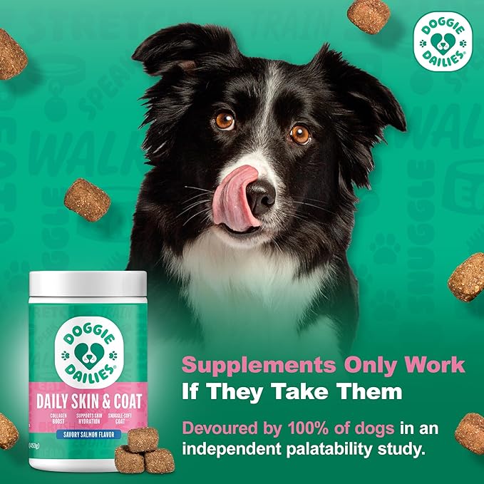 Doggie Dailies Skin & Coat Supplement Support, Salmon Oil for Dogs Skin and Coat with Collagen, Omega 3, Krill Oil, Biotin, & Coconut Oil for Dogs (Salmon) 225 Soft Chews