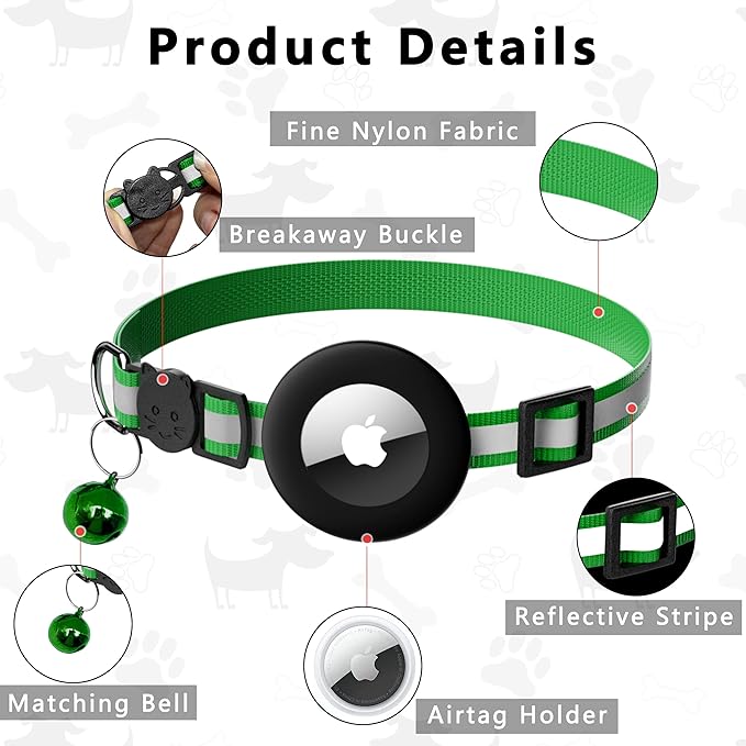 Cat Collar with Air Tag Holder, Reflective Kitten Collar with Bell, Breakaway Airtag Cat Collar for Boys Girls Cats, GPS Tracker for Cats 0.4’’ Width Adjustable Safe Kitty Collar, Green