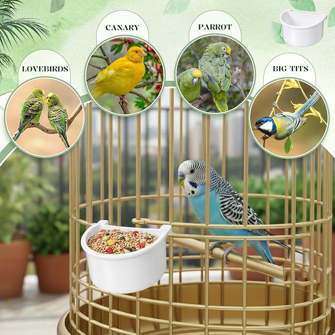 6 Pcs Bird Food Feeder, Bird Cage Feeder Hanging Feeding Bowl Seed Container White Food Dishes Bowl Birds Cage Accessories for Small Parakeet Pigeons Conures