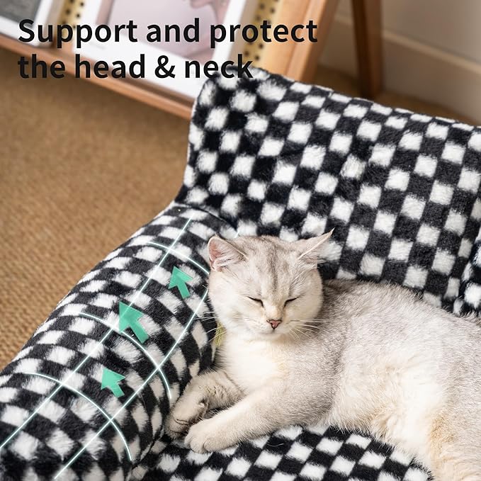 Faux Fur Cat & Dog Sofa Cat Couch Mini Cat Bed Indoor Human Style Pet Sofa, Modern Pet Furniture for Cats, Washable ＆ Removable Cover, for Cats and Small Medium Dogs (Black/White, Large(30X21 inch))