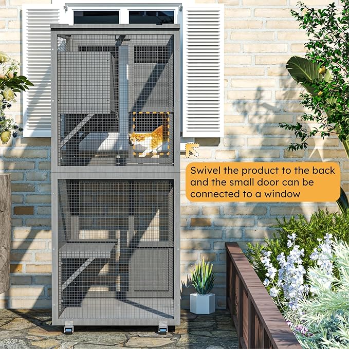 2 in 1 Catio Outdoor Cat Enclosure, 4 Tier Outdoor Cats House with 4 Wheels, Cat Enclosure Window Access with Removable Floor, Upgraded Resting Box, Waterproof Roof, Indoor Pet Cage, Grey