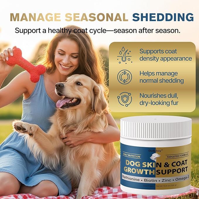 2-in-1 Fur Growth & Shiny Coat Support for Thinning or Patchy Fur – Skin & Coat Supplement for Dogs, Itch Relief with Plant-Based Omega 3, Biotin, Zinc & B-Vitamins, Supports Normal Shedding
