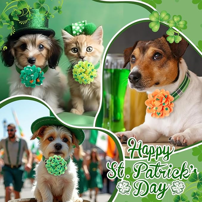 50 Pieces St Patricks Day Dog Collar Flowers Bulk Green Shamrocks Leprechauns Dog Charms Grooming Accessories Bowtie Flower for Puppy Cat Collar Attachment Embellishment Irish Party Costume