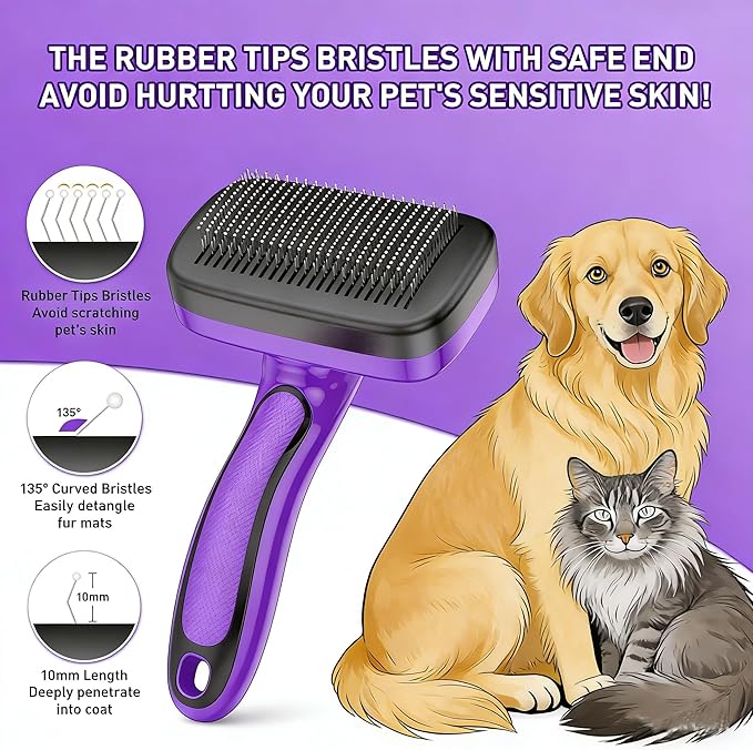 Self Cleaning Slicker Brush for Dog, Cat, Skin Friendly Shedding & Grooming Tool for Long and Short Haired Pets, Easy Clean Retractable Bristles, Purple