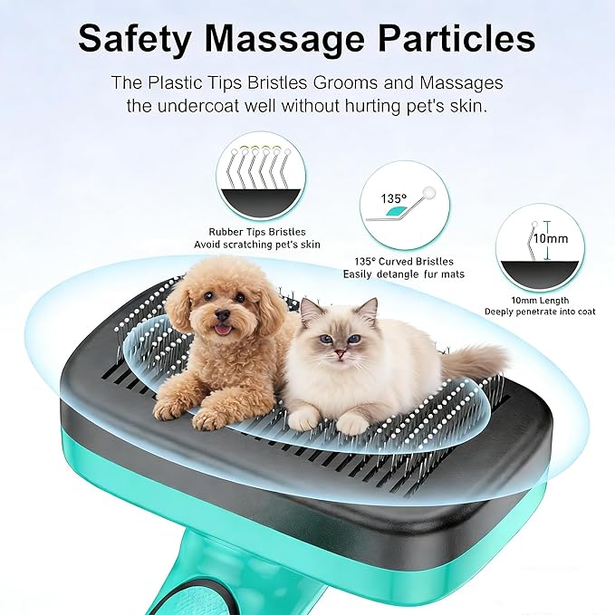Self Cleaning Slicker Brush for Dog, Cat, Skin Friendly Shedding & Grooming Tool for Long and Short Haired Pets, Easy Clean Retractable Bristles, Green