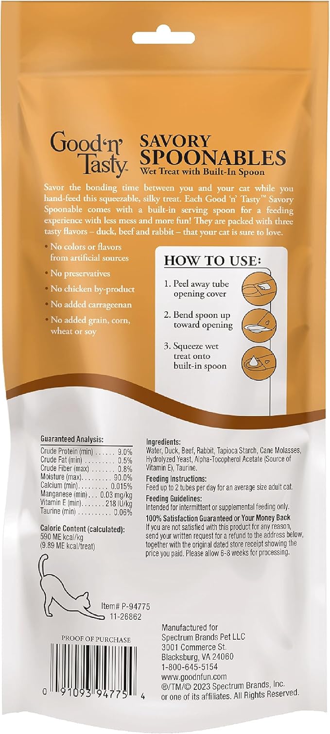 Good ‘n’ Tasty Savory Spoonables with Real Duck, Beef & Rabbit, 6 Count Tube, Triple Flavor Squeezable Lickable Wet Treats for Cats with Built-in Spoon for Less Mess