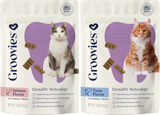 Groovies Cat Daily Dental Treats. Tasty, Crunchy Bites Cats Love. Powered by USA-Patented DentalFit Tech. No Gluten or Artificial Flavors or Colors. 1.76oz Each bag - (2 pack) of (1)Salmon & (1)Tuna