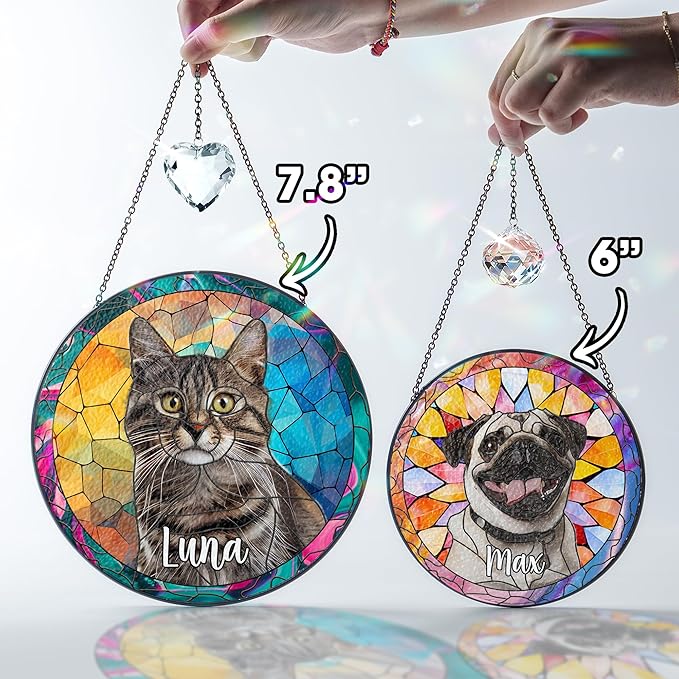 Personalized Pet Stained Glass Suncatcher Custom Name Pet Photo Ornament Window Hanging Home Decor Sympathy Gift for Loss of Pet Dog Cat Memorial Keepsake Remembrance Gift for Dog Lovers