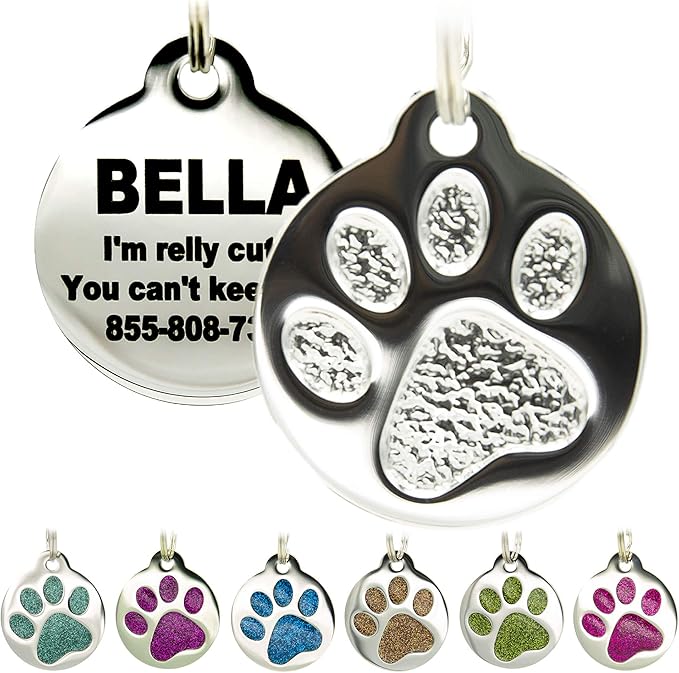 PetANTastic Engraved Cat Tags - Personalized with 4 Lines of Custom Engraved ID, Round Paw Print Stainless Steel Enameled in 6 Colors: Ocean Blue, Aquamarine, Deep Pink, Magenta, Pale Green, Amber