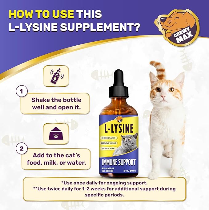 L Lysine for Cats & Kittens Helps with Watery Eyes, Sneezing, Cough, Runny Nose – Natural Cat Antibiotic Supplement with Taurine, Vitamins for Eye Function & Immune Support – Chicken Flavor – 2 oz