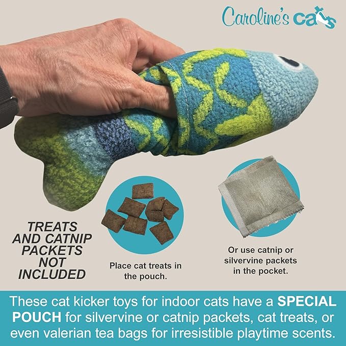 Caroline's Cats Refillable Catnip Pouch Cat Kicker Toys with Crinkle Sound Inside, Interactive Fish Toy for Cats, Plush Indoor Cat Nip Kitty Kick Sticks, Comfort Pillow for Kittens, 9.5 Inches