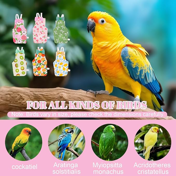 6Pcs Bird Diaper - Cute Parrot Pants with Waterproof, Reusable Pet Bird Diapers for Cockatiel Parakeet Mini Macaw Budgie Canary (M)